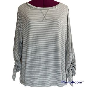 Susina Striped Top with Elbow Length Sleeves in Taupe and‎ White Size M